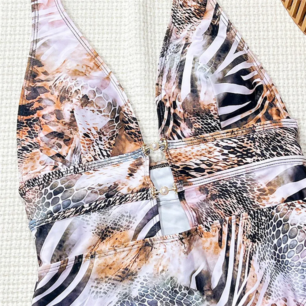 Sexy Halter Backless Swimsuit Woman One Piece Khaki Tiger Striped Swimwear 2026 Hollow Out Monokini High Cut Swimming Suit Wear