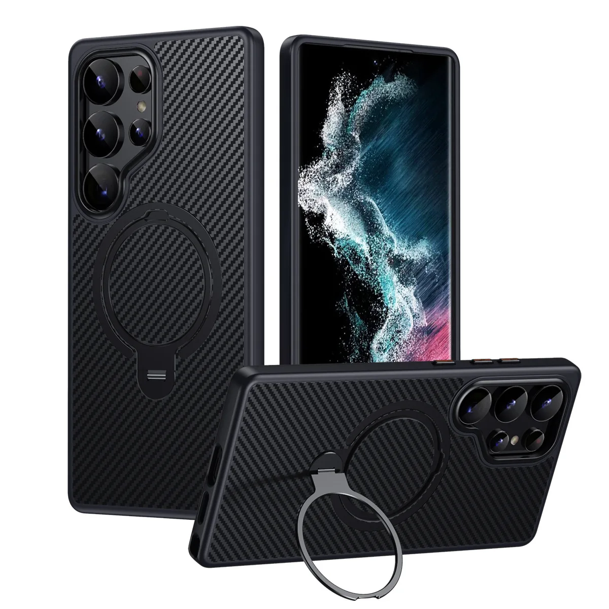 

Чехол для телефона из углеродного волокна для Samsung Galaxy S25 Ultra S24 Plus S23 + магнитный вращающийся кронштейн с беспроводной зарядкой, мягкий чехол