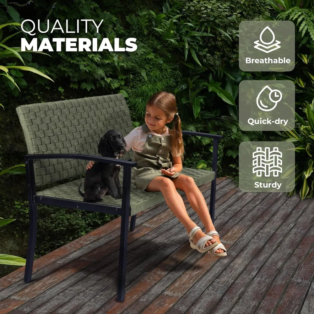 Outdoor Bench with High Back and Arms, Wood Bench Outdoor, Rustic Legs with PE Wicker Seat, All-Weather Outdoor Benches