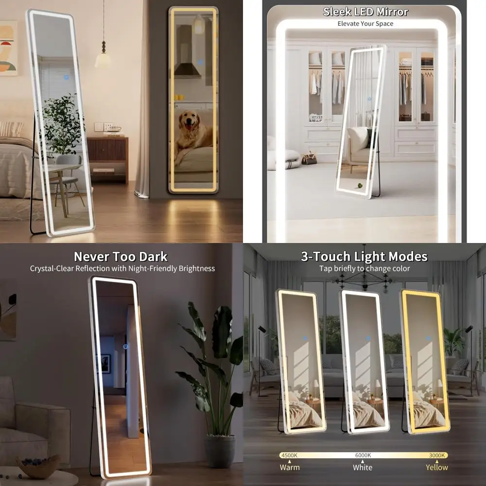 LED 조명이 있는 60x16인치 전신 거울, 밝기 조절 및 3가지 색상 옵션, 침실 및 드레스룸에 이상적