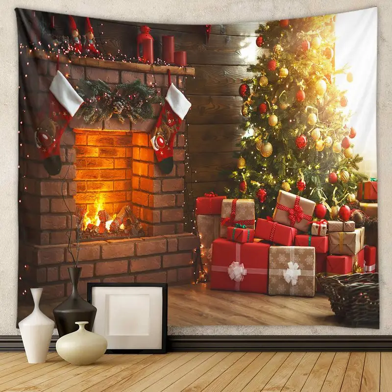 VIKAMA Christmas Fireplace Wall Tapestry Set of 4, Candle Stockings Gifts Tree Festive Winter Wall Art for Cozy Room