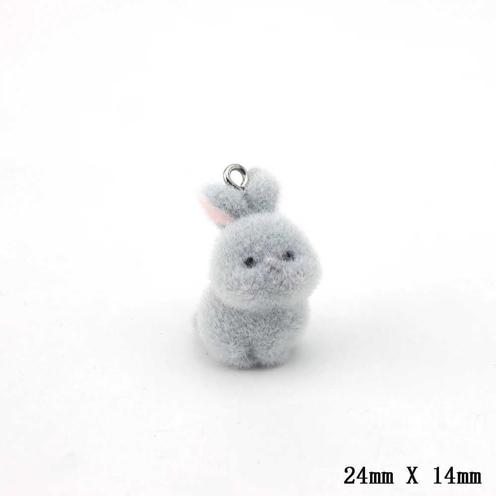 20pcs 3D Cute Rabbit Flocking Charms Cartoon Animal Pendants for Handmade Keychain Accessories DIY Crafts Jewelry Making