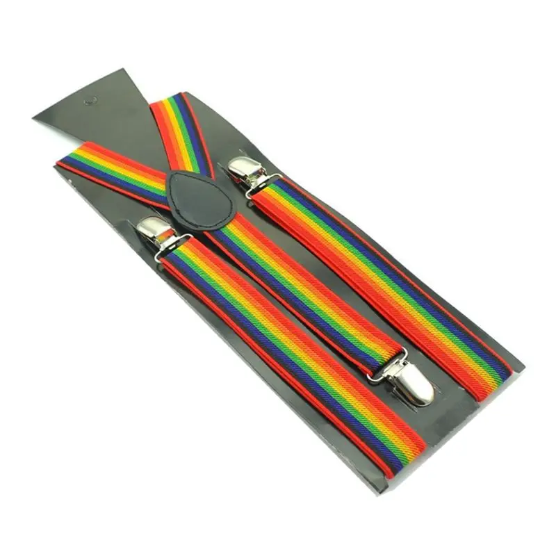 Men Women Wide Adjustable Straps Y-Back Suspenders Rainbow Colorful Vertical Striped Elastic Belt with Strong Metal Clips