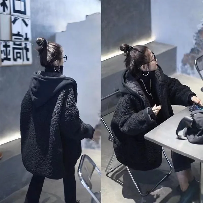 

Quilted Thickened Furry Hooded New Lamb Wool Mid-Length Cotton Jacket Korean Style Winter Loose Coat Top
