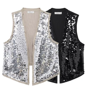 Traf Sparling Silber Pailletten Frauenweste Traf 2024 Sommer mit ärmelloser V -Kopf -Ausschnitt 6 Hauptverkäufe mit Helligkeit - №5