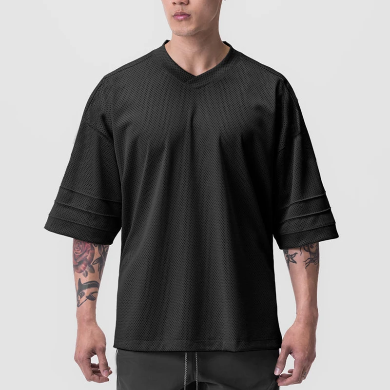 Oversized Loose Mesh Quick Dry Short Sleeve T-Shirt Gym Bodybuilding Fitness Running Shirt Summer Breathable Mens Sport Tee Tops