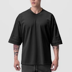 Plain Oversized Loose Short Sleeve T-shirt Summer Mesh Breathable Quick Dry V-neck Tops Gym Fitness Bodybuilding Men Sport Shirt
