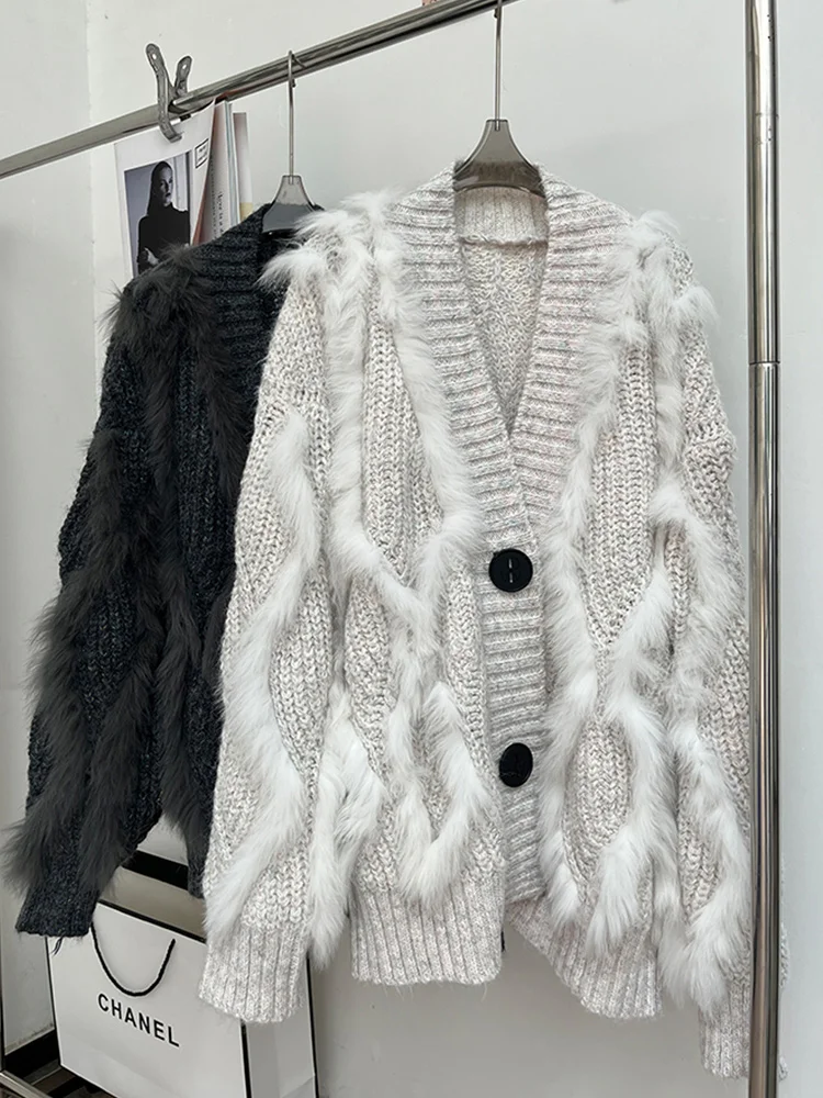 

2024 Women Fashion Autumn Natural Real Fox Fur Jacket Knitted Cardigan Sweater Oversize Coat Fox Fur Decoration Lady's