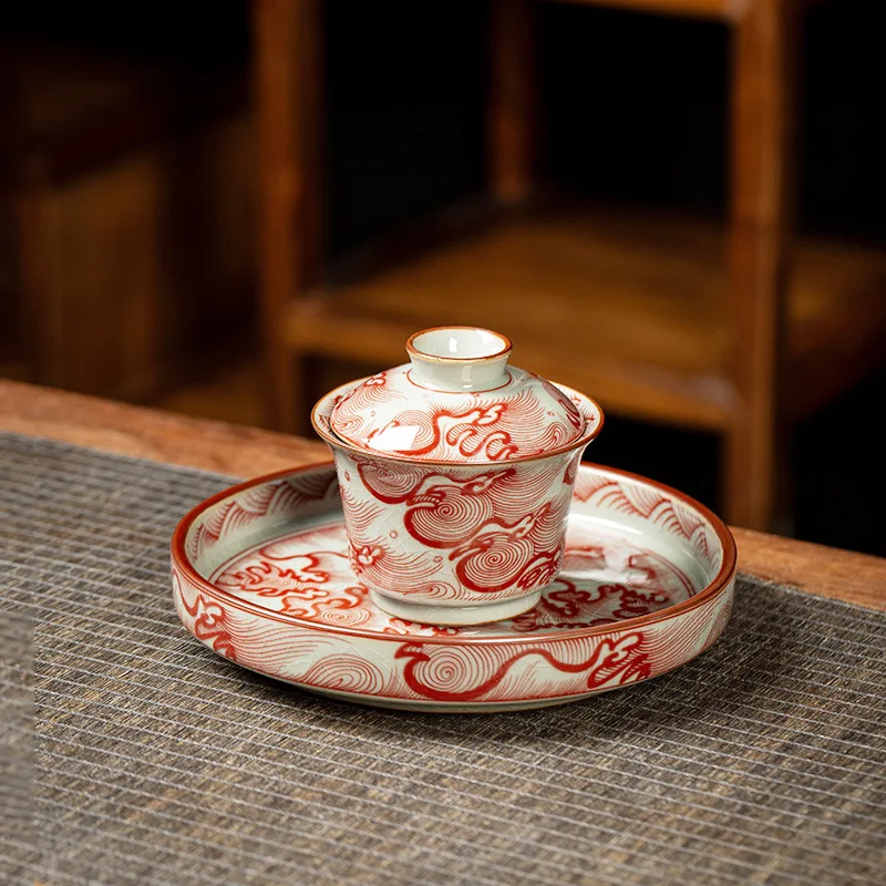 

High Quality Old Clay Glazed Red Armor Horseshoe Cover Teacup Single High-Grade Ceramic Tea Bowl Large Pot Tray Suit