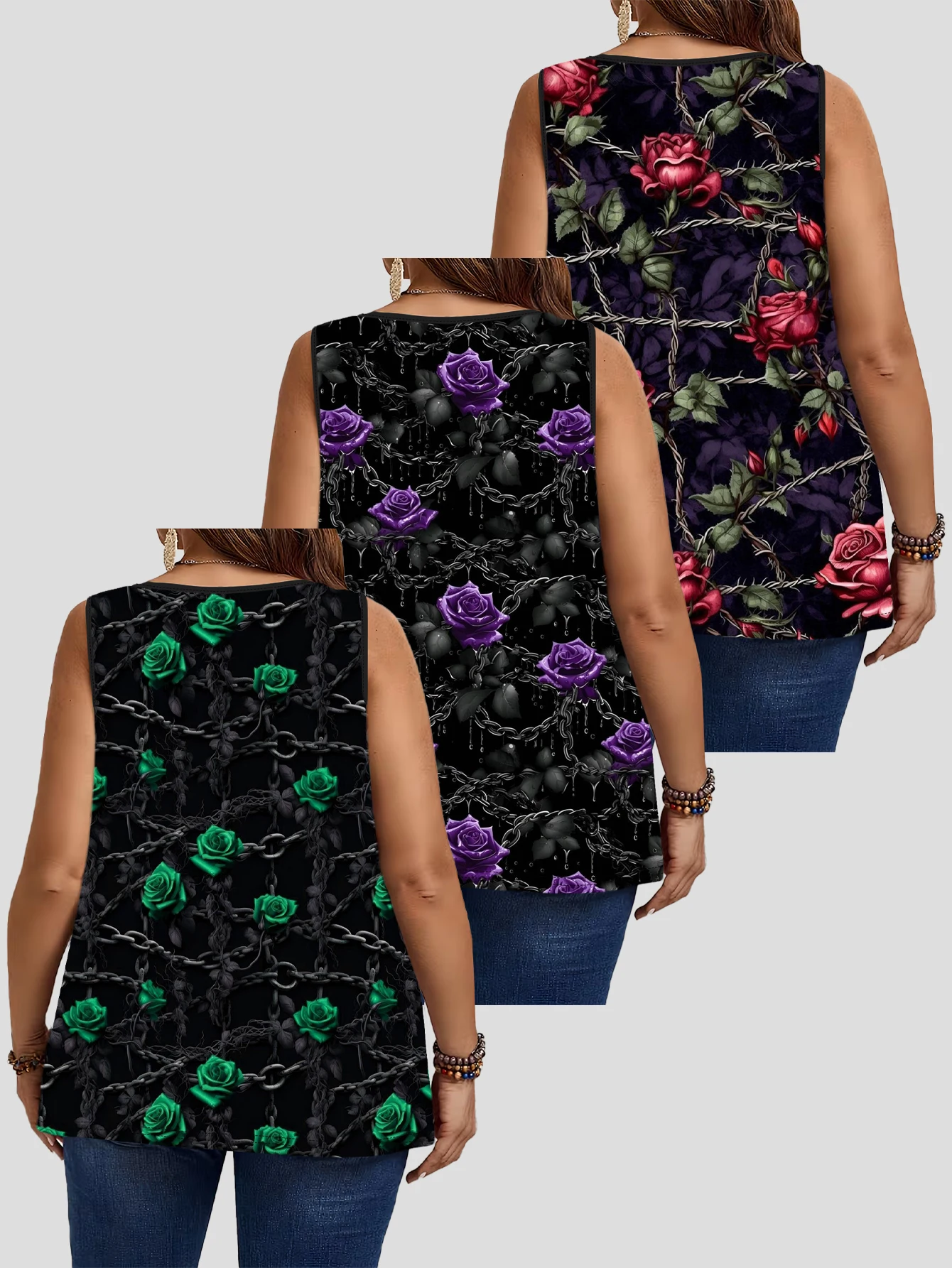 3-Piece Set of Plus-Size Women's Black Base Chain Rose Print Tank Tops, Round Neck Loose Sleeveless Tops 2