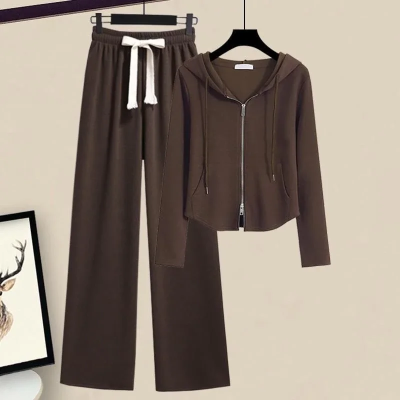 Casual Slim and Versatile Hooded Zipper Cardigan Solid Color Sweatshirt Wide-leg Pants Fashionable Casual Trousers Suit