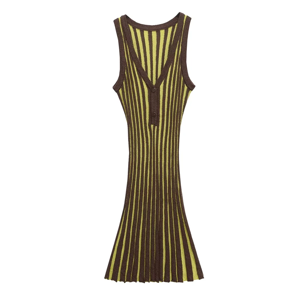 

PB&ZA2025 Women's Formfitting Retro Stretchy Flared Charming Brown Yellow Striped Sleeveless V - neck Knit Dress