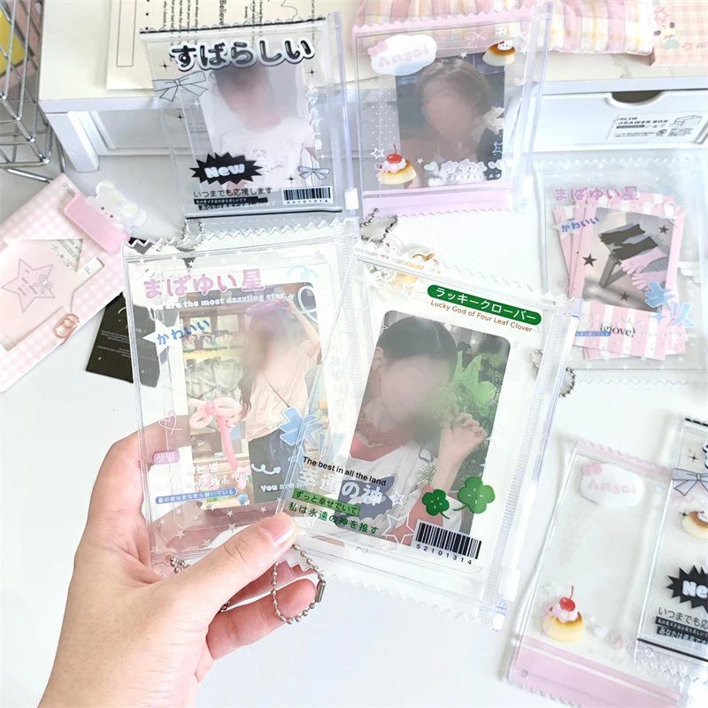 Soporte de almacenamiento de tarjetas con estampado de dibujos animados de 3 pulgadas, bolsa de muñeca transparente con cadena, bolsas pequeñas para tarjetas, soporte para tarjetas de estilo coreano, colgante