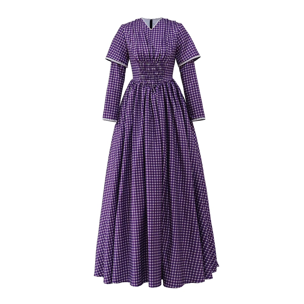 Traje de guerra civil medieval vitoriano vintage roxo xadrez vestido longo tema festa à noite vestido de baile roupas de desempenho de palco