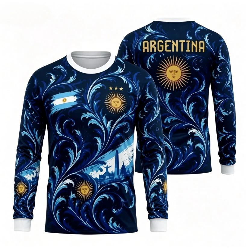 New Argentina round neck long sleeved T-shirt 3D printed pattern breathable fast drying sports training top unisex