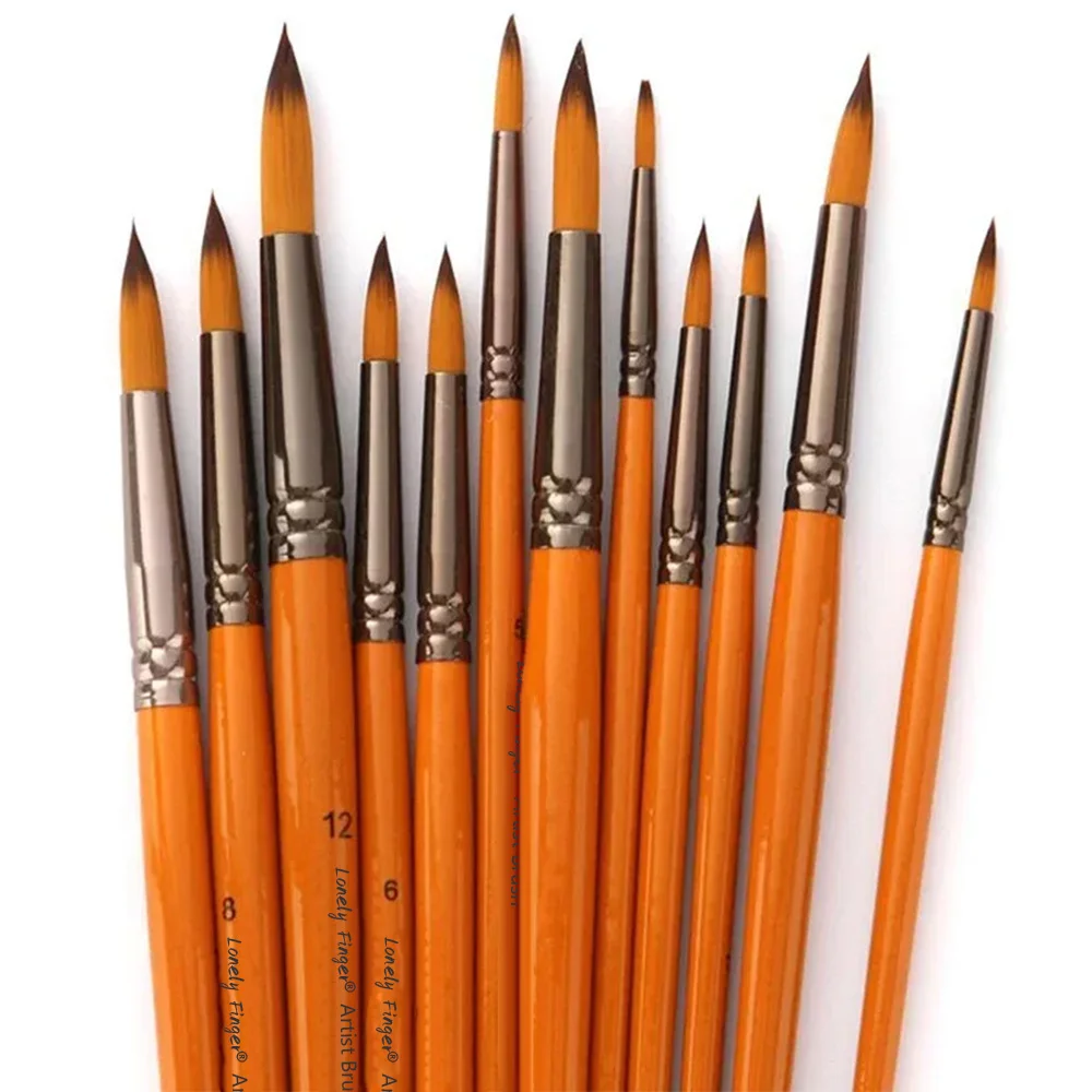 12pcs Artist Paint Brush Set- Tip Round Synthetic Brushes fo
