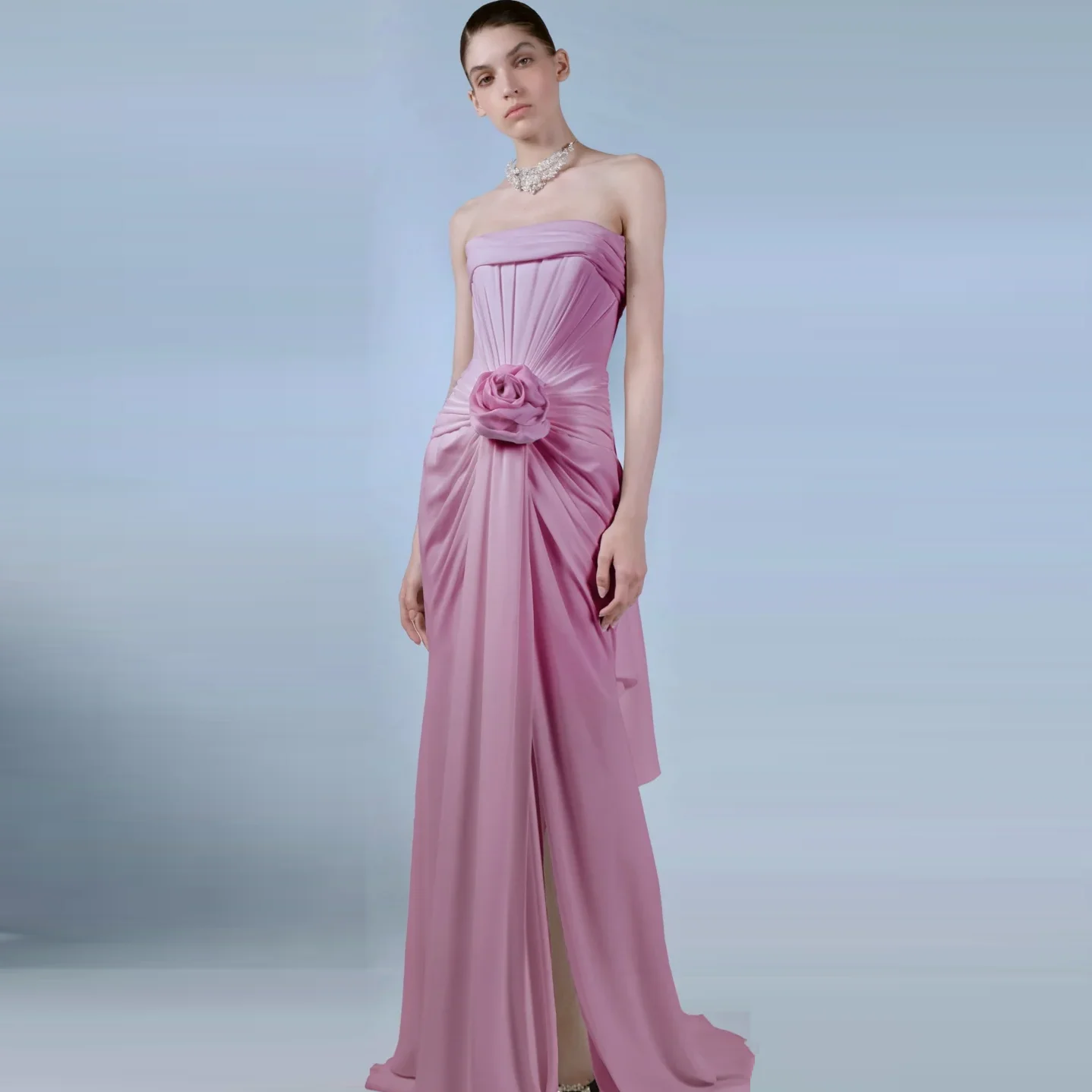 

Pink Long Prom Gowns Chiffon Draped Personalized Floral Party Dress A Line Strapless Off Shoulder Prom Dresses Floor Length