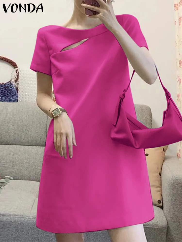 VONDA Vestido corto para mujer 2025 Casual Color sólido Mini bata de manga corta cuello redondo Vestidos de playa fiesta cuello redondo vestido veraniego de verano