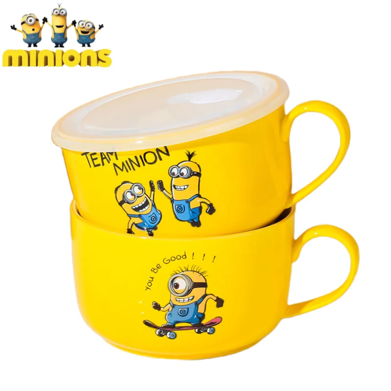 Minions cartoon character cute ceramic bowl creative kawaii instant noodle bowl with lid lunch box with handle sealed bowl