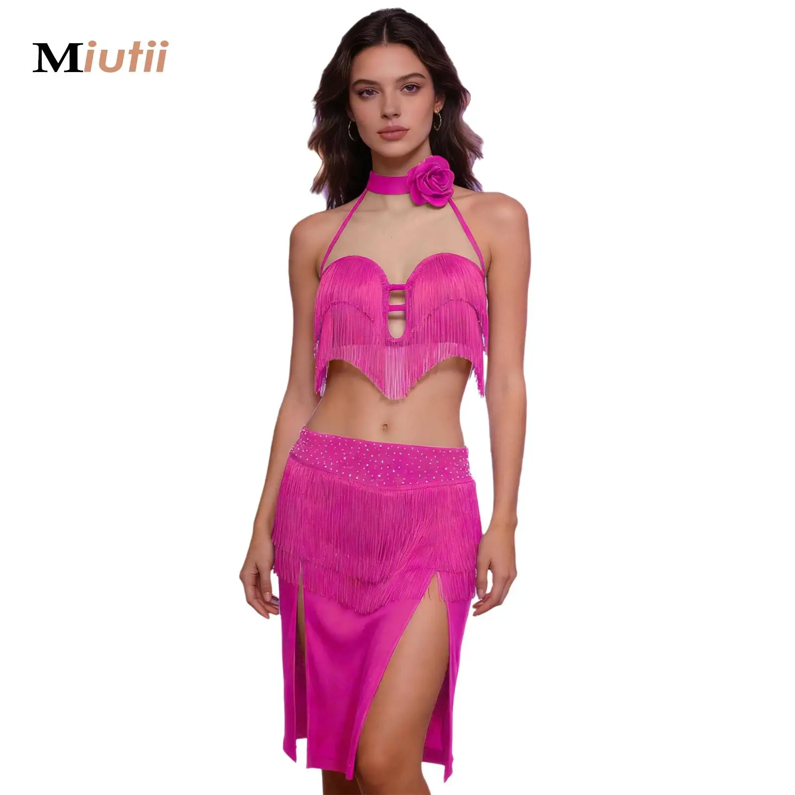 

Sexy 3D Flower Applique Latin Dance Dress Set for Women Sling Top Skirt Female Cha Cha Samba Competition Performance Dancewear