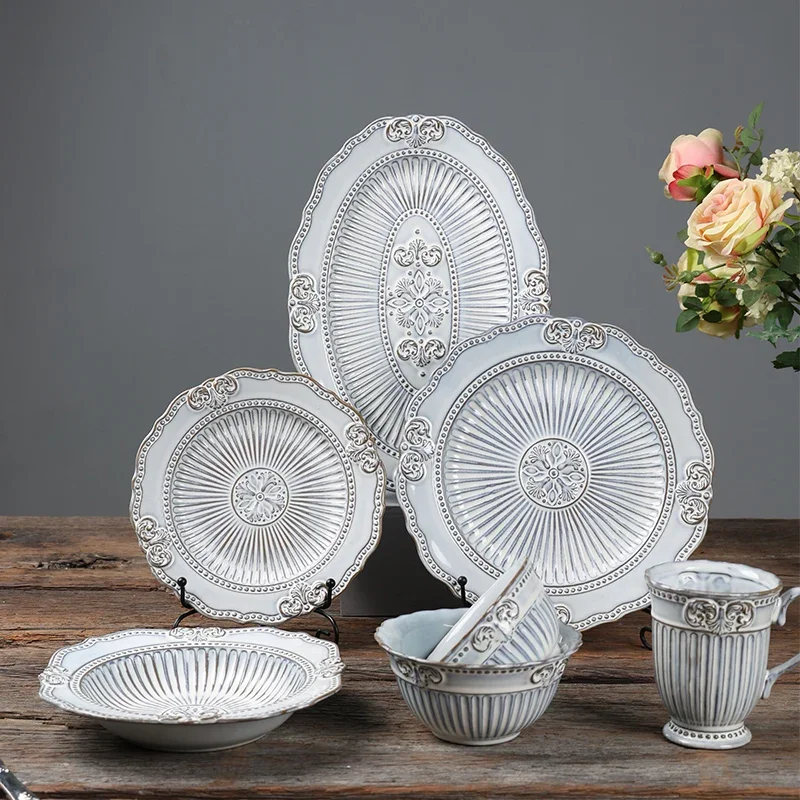 

Baroque Vintage Plates Dinnerware Embossed Pattern Plate Sets Tableware Dishes Dinner Plates Set Dish Dining Tables Charger Full