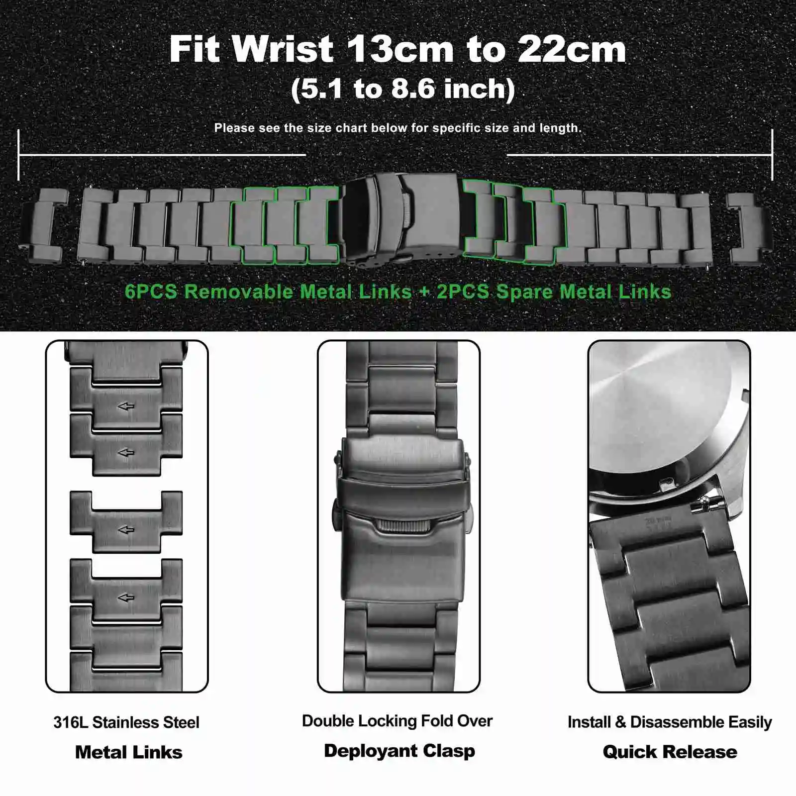 Brush Matte Finish Metal Watch Band Stainless Steel Bracelet Straps 18mm/20mm/22mm/24mm Double Buckle Black or Silver,Gold