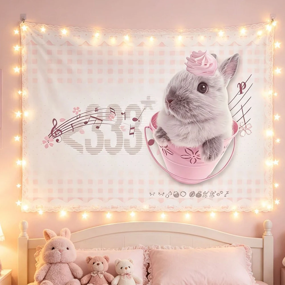 Ig Kawaii Lop‑Eared Bunny Tapestry Star Fairy Light Print Wall Hanging Girlish Background Cloth for Bedroom Dorm Decor