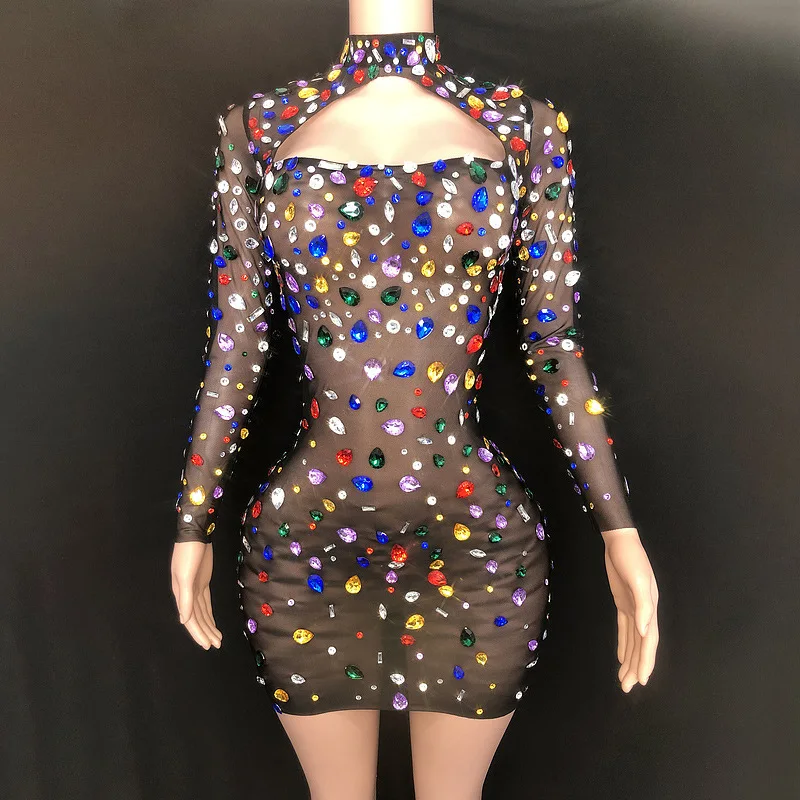 

Clothing High-end Color Diamond Stripping Mesh Perspective Long Sleeve Hip Wrap Short Skirt Female Singer Model Show Party Dress