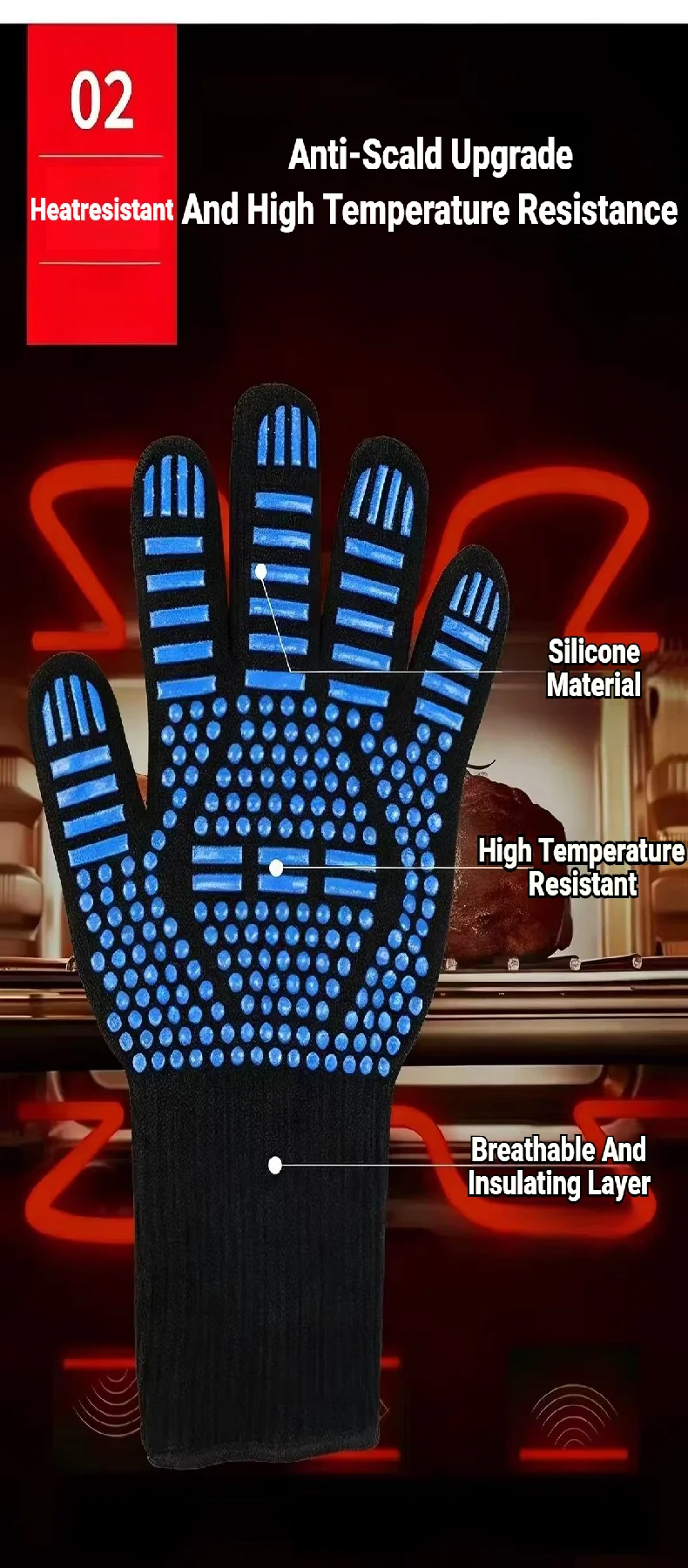 BBQ-Handschuhe, hohe Temperaturbeständigkeit, 500–800 Grad, feuerfest, hitzebeständig, Mikrowellen-Ofenhandschuhe. – Detail 5