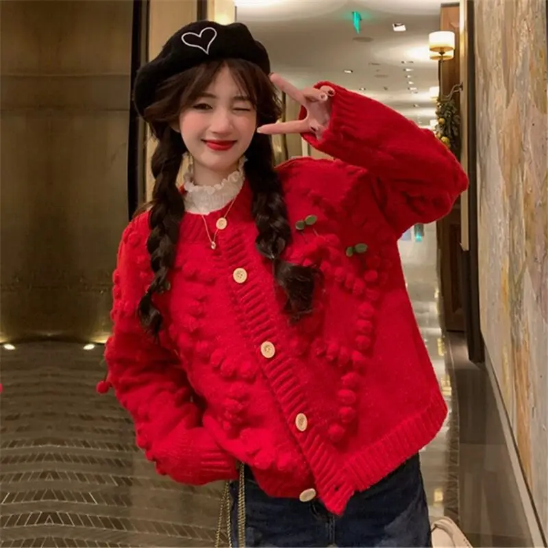 Korean Fashion Women Knitted Cardigan Vintage Warm Autumn O-Neck Long Sleeved Loose Sweet Coat Casual Women's Clothing