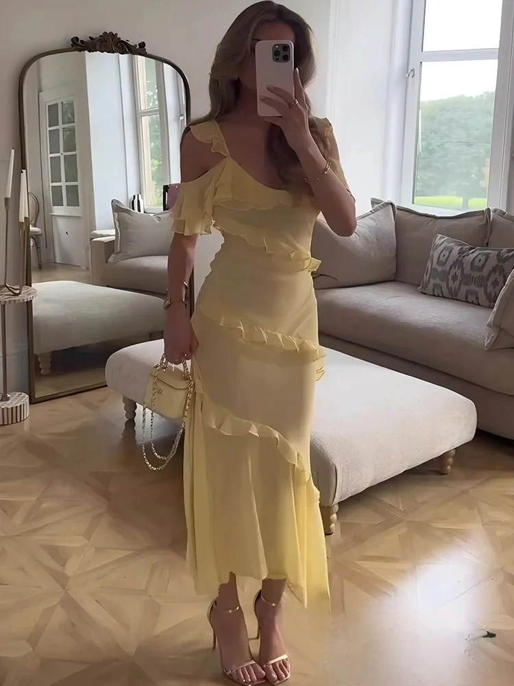 KONDALA Sexy Chic Vrouwen Jurk Geel Solid Cami Lange Tiered Rechte Chiffon Jurk Mode 2025, Herfst Avond Club Feestjurk