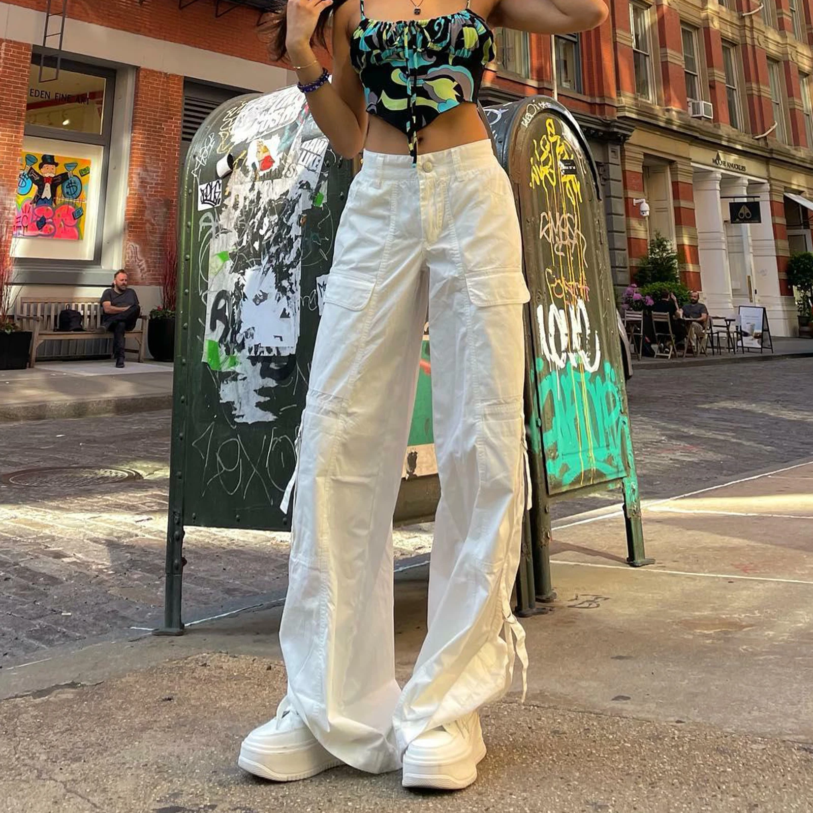 

Y2k Vintage Cargo Pants for Women White Low Waist Baggy Harajuku Trousers Loose Drawstring Sweatpants