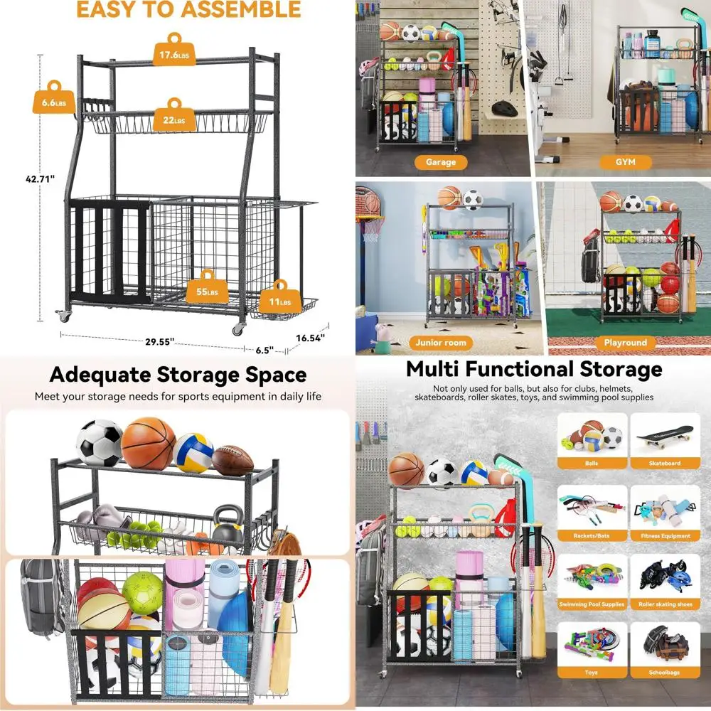 

Rolling Sports Ball Organizer with Basket & Hooks, Garage Storage for Toys and Gear, Black