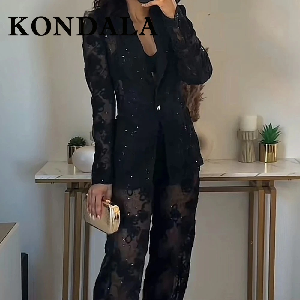 

KONDALA 2025 осенний женский сексуальный полупрозрачный костюм с цветочным принтом, пиджак с бисером на пуговицах + длинные брюки на молнии, тонкие женские модные комплекты