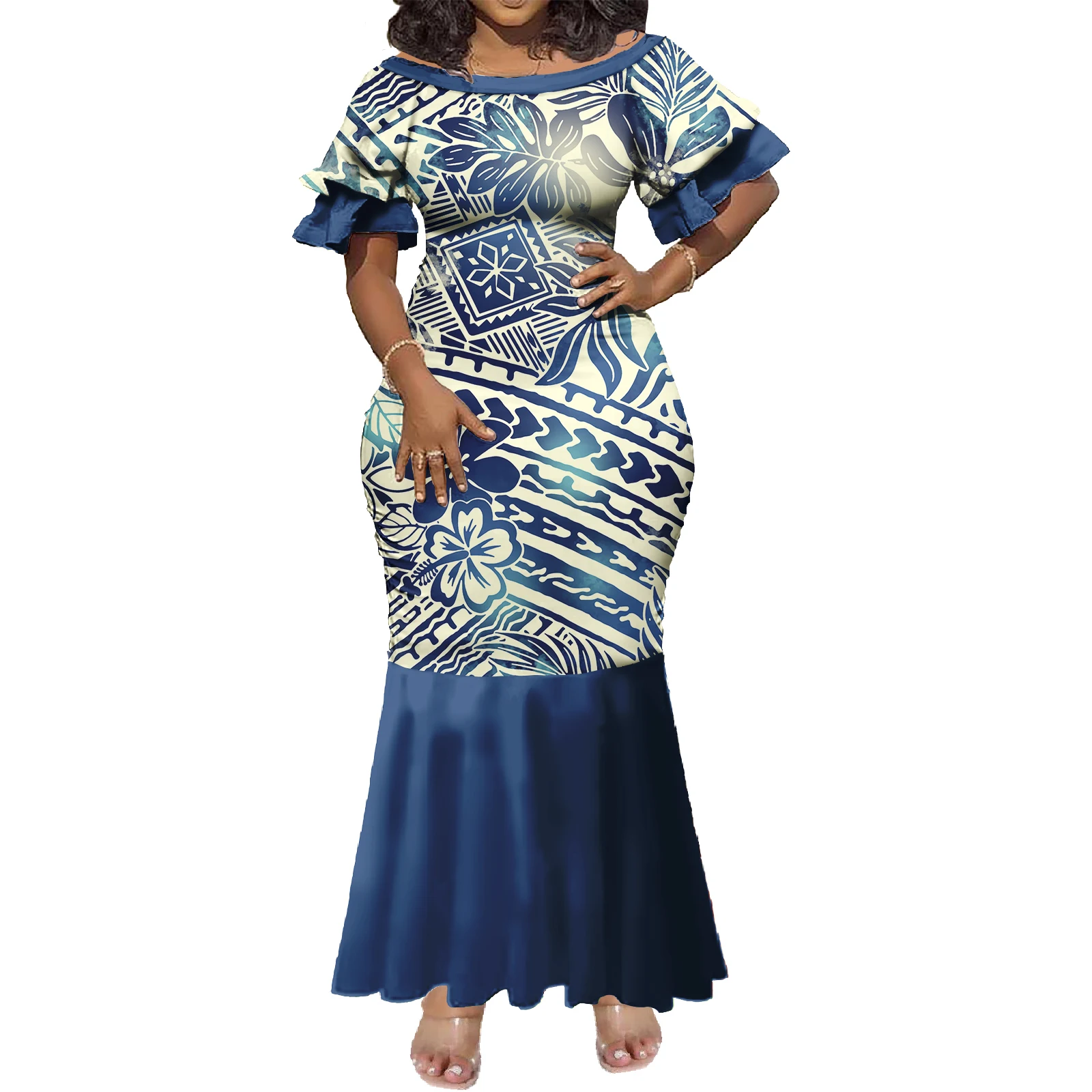 Venta caliente Logotipo personalizado Mangas de doble capa Ropa de vacaciones en la playa Señoras polinesias Ropa hawaiana informal Vestidos tribales samoanos