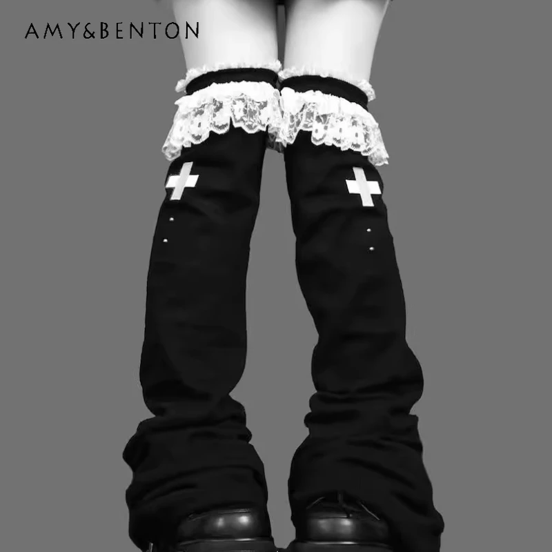 

Autumn New Sweet Cool Dark Lolita Wide Leg Socks Women Original Design Lace Over-the-Knee Pile Bell High Tube Leg Warmers Ladies