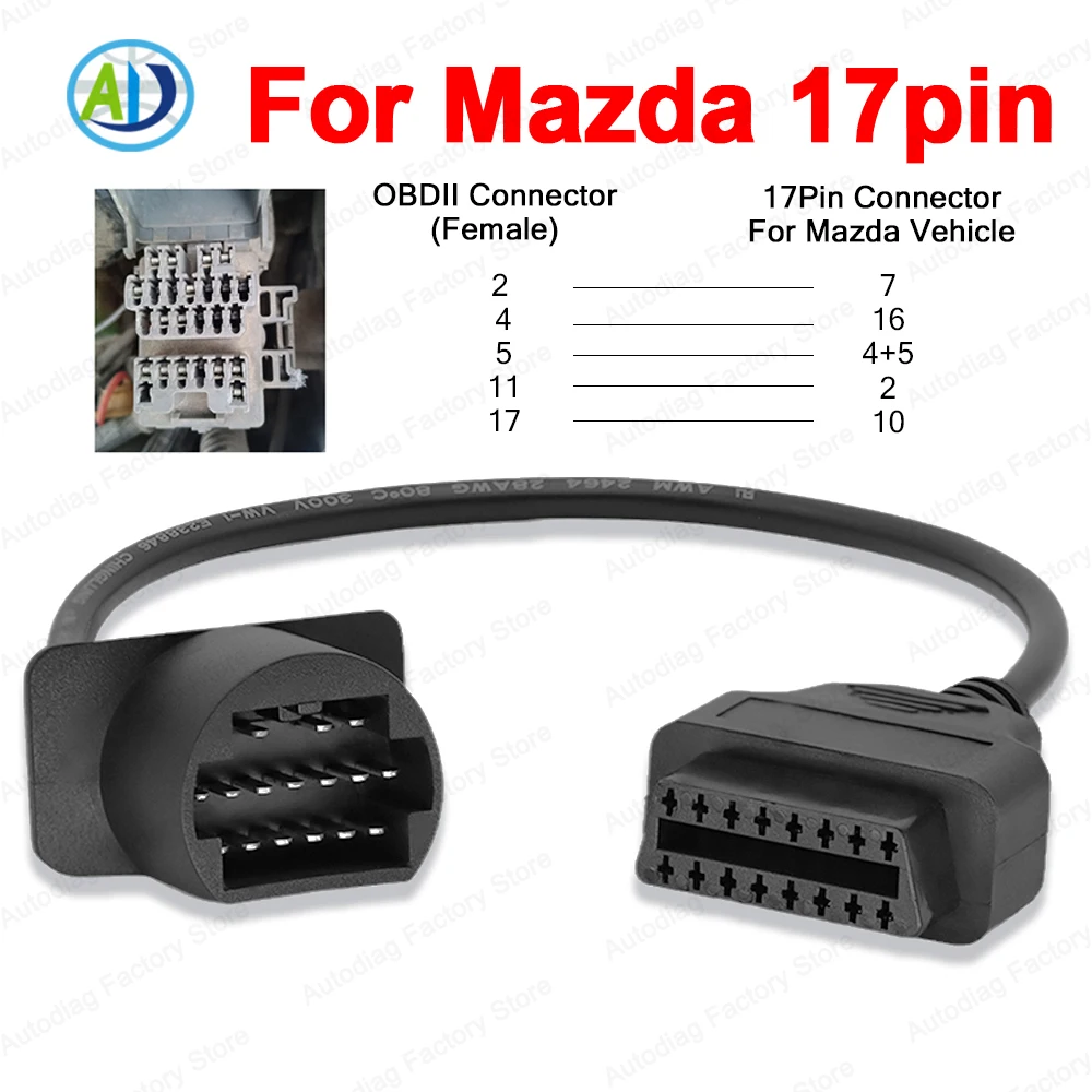 【セール中】マツダエンジン診断用OBDケーブル17ピンからOBD2コネクタへ、ELM327対応、高品質オートOBDII診断アダプターケーブル
