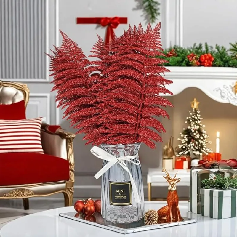 Christmas Decorations Imitation Glitter Injected Plastic Leaves Christmas Supplies Glitter Branch Accessories 10PCS
