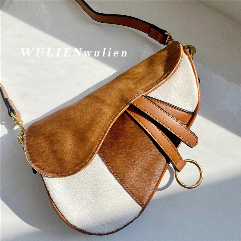 

Classic Real Horsehair Saddle Bag 2022 Women Bag One Shoulder Diagonal Horse Leather Gun Bag Rivet Wide Shoulder Strap Handbag