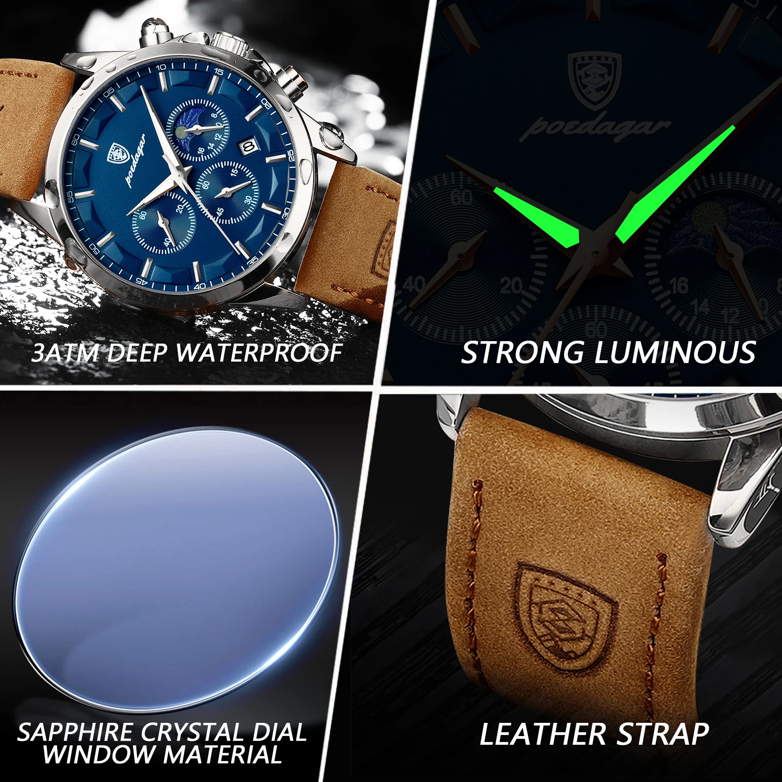 POEDAGAR ساعات رجالية عادية الاتجاه موضة الأصلي ساعة كوارتز للرجل مقاوم للماء حزام من الجلد مضيئة تاريخ كرونوغراف جديد