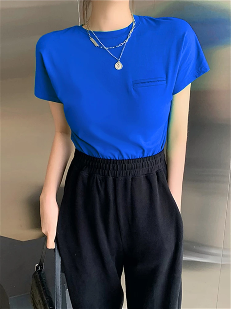 Summer Blue Slim Women's T-Shirts 2022 New Short Sleeve O-Neck Minimalism Bottoming Fashion Casual Shirts Chic Tops Female