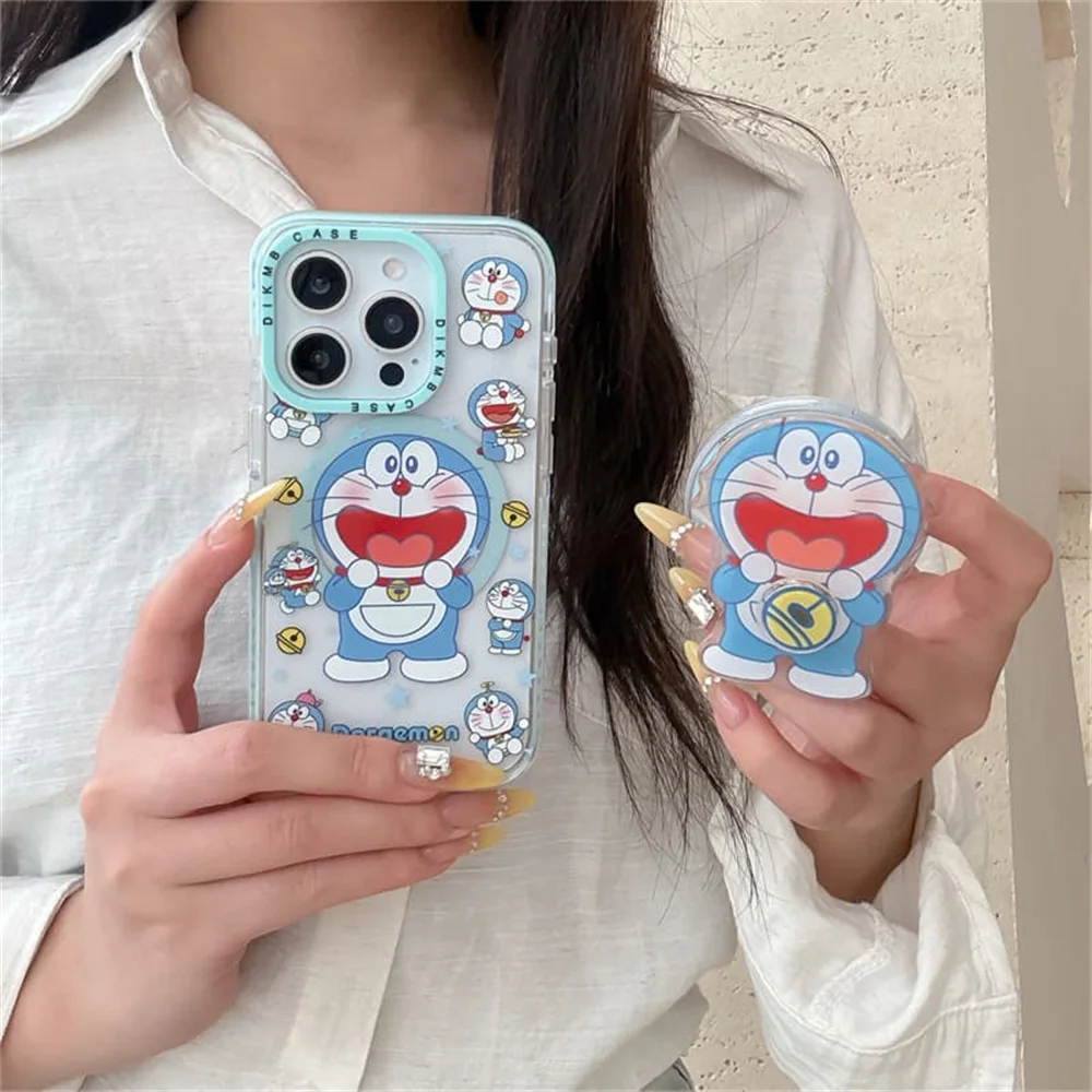 

Korean Japanese Kawaii Magnetic Phone Case for iPhone 17 Pro 16 Max 13 14 15 Pro Max Cover With Magsafe Doraemon Stand Cute Case