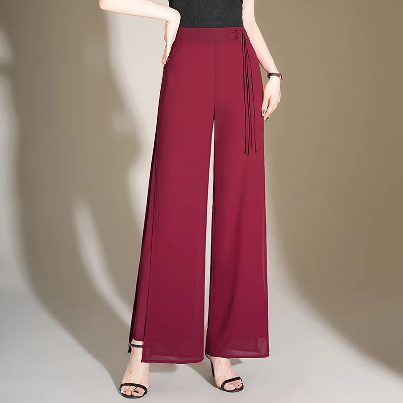 2026 Elegant Chiffon Split Wide-leg Pants Women's Summer Double-deck Straight Trousers Elastic-waist Casual Pants Comfy Female