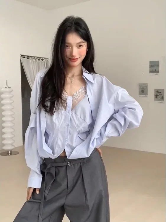

Blue Long Sleeve Lace Patchwork Loose Women's Shirt Korean Style Pure Desire Fashionable Beautiful Top Commute Wind