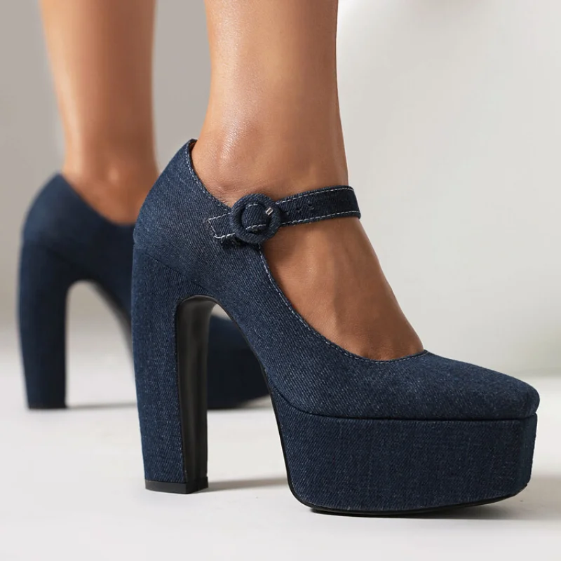 spring autumn New styles fashion Square head high-heeled Women Shoes Solid color Denim Buckle Square heel Mary Jane Women Shoes