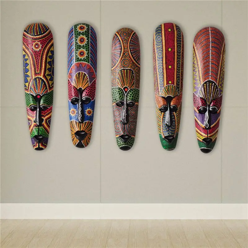 BHBD-4X Wooden Mask Wall Hanging Solid Wood Carving Painted Facebook Wall Decor Home Decorations African Totem Mask Crafts A