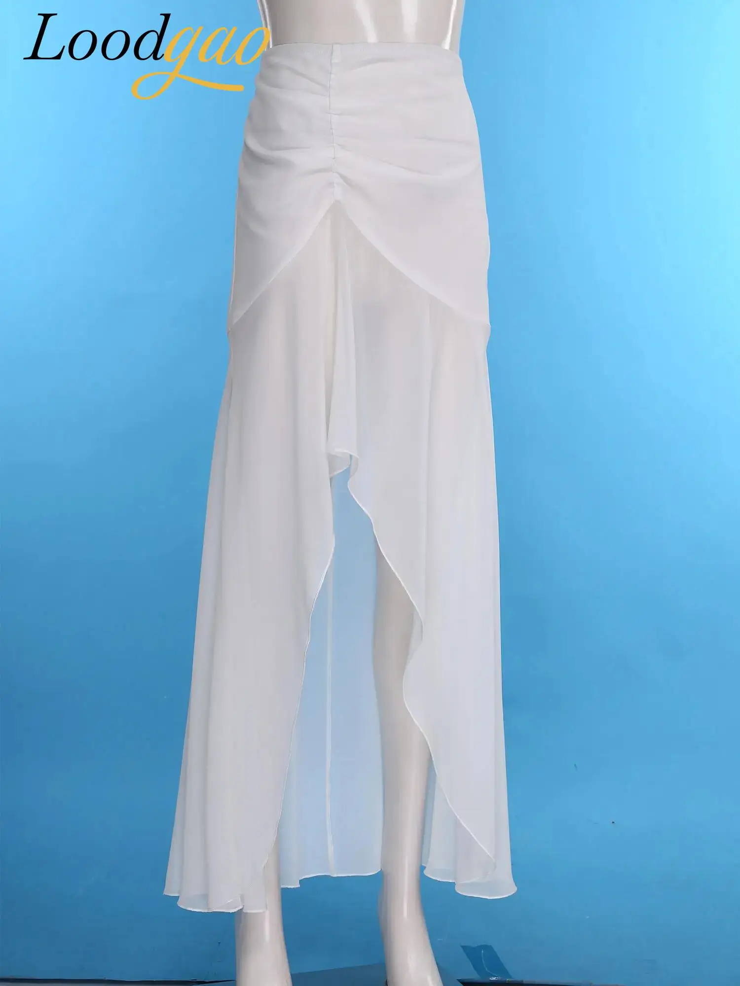 女性ハイウエストシャーリングビーチスカートエレガントな女性のハイローヘムマキシスカートボヘミアンシフォンスカートトロピカルバケーションビーチウェア