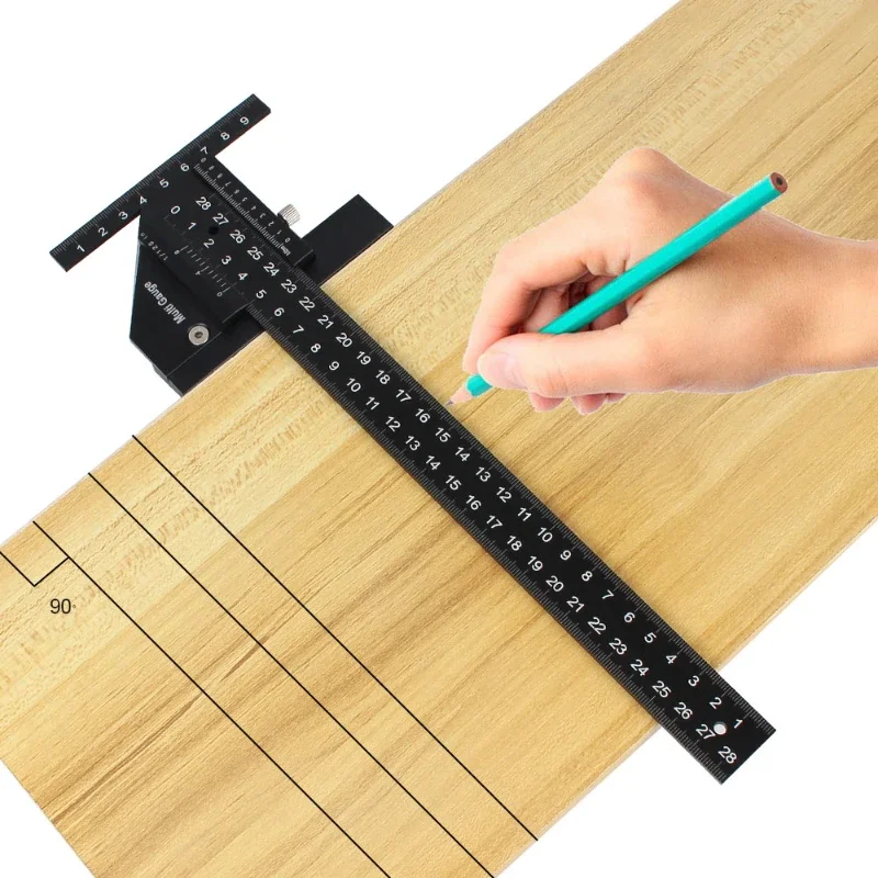 Penggaris T dapat diatur meteran geser perkayuan 0-210/280mm Aluminum Aloi tulisan sudut kanan menandai alat pengukur kedalaman