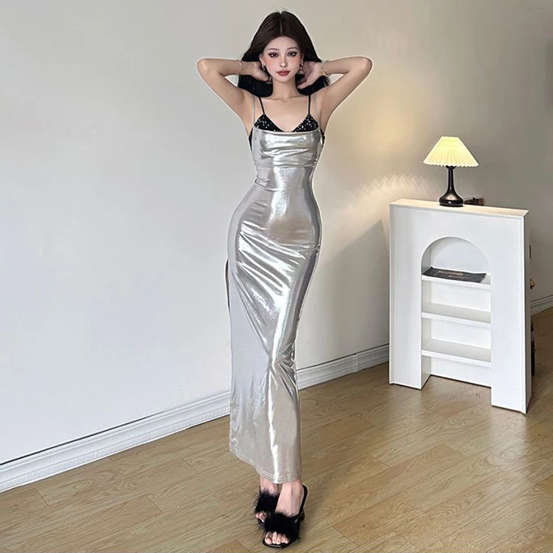 Seksowna, dopasowana, błyszcząca sukienka midi na ramiączkach damska moda Y2K gorące dziewczyny patchworkowa obcisła sukienka koreańska odzież uliczna impreza klub Vestidos nowa