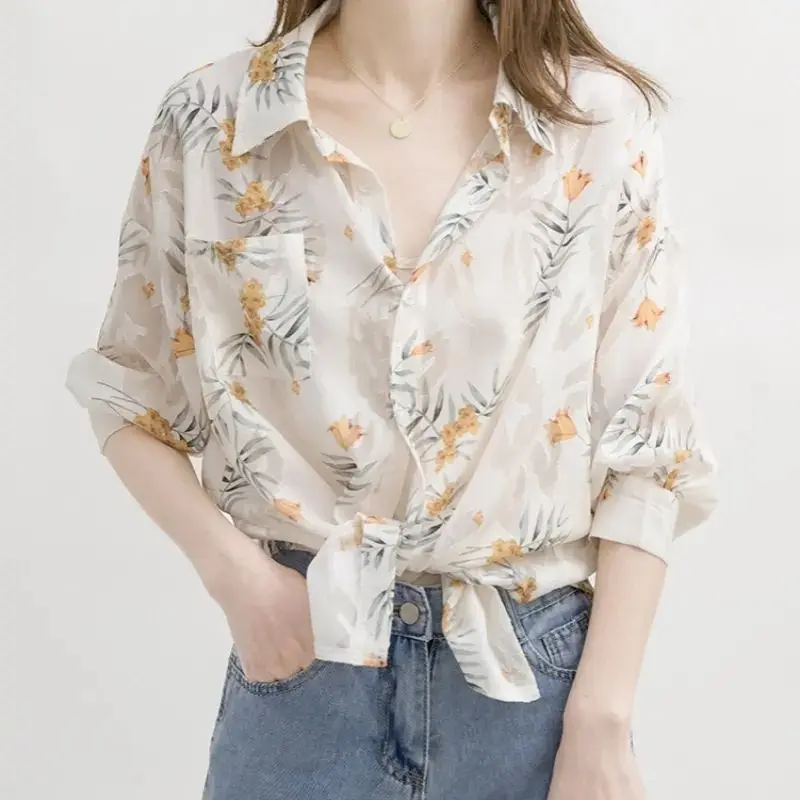 Französischer Stil, elegante, leichte Chiffon-Bluse, Damen-Kragen, florales, trendiges Oberteil